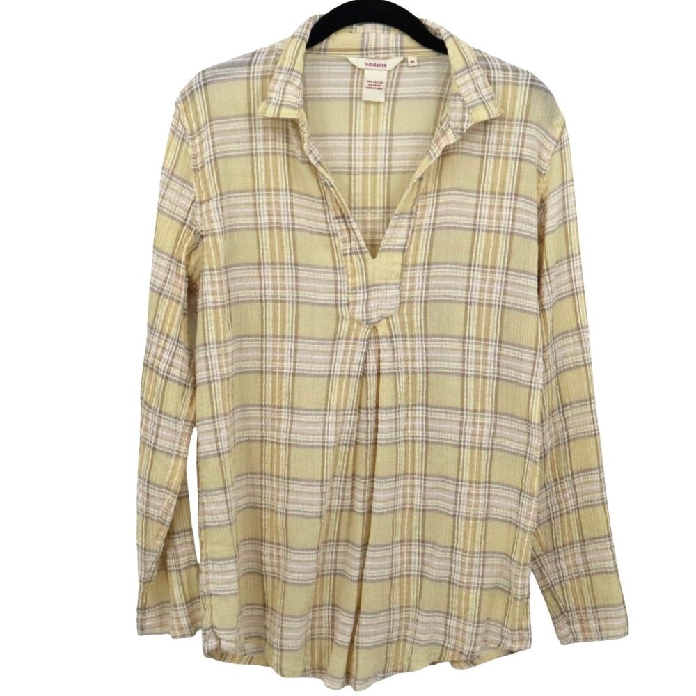 Sundance Popover Shirt Women M Yellow Boho Preppy Academia Coastal Cruise Resort